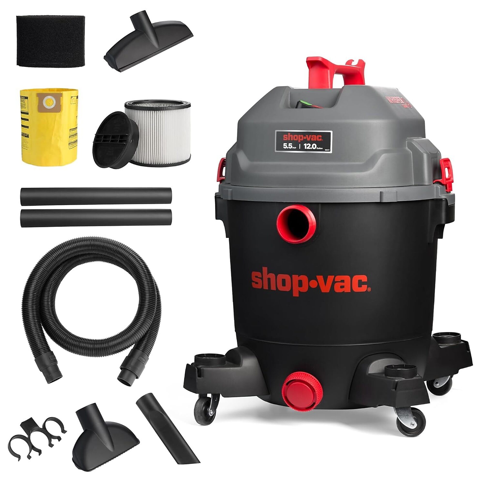 Shop-Vac 12 Gallon 4.5 HP Whisper Wet/Dry Vacuum 5430098.  This super quiet vac boasts a high performance 4.5 peak horsepower motor.